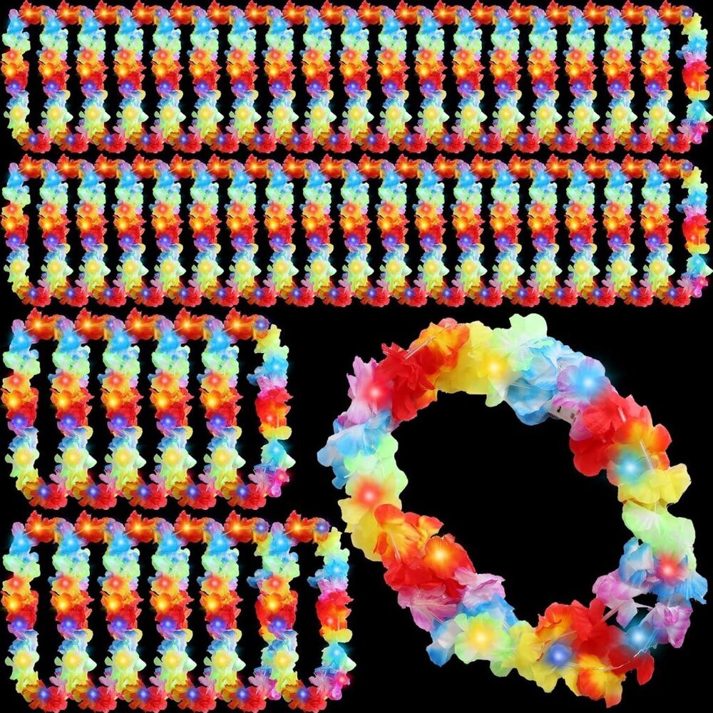 48 Pcs LED Hawaiian Leis Light up Flower Leis Necklace with LED Lights Luau Flow